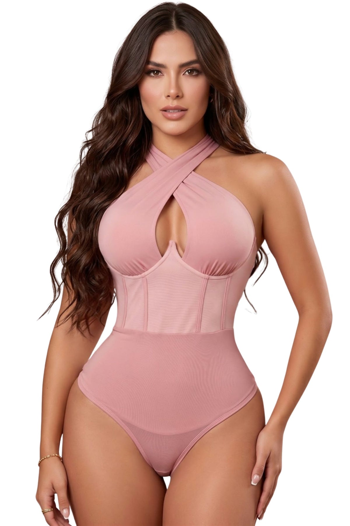 Colombian Pink Criss Cross Halter Corset Body Slimmer 9232