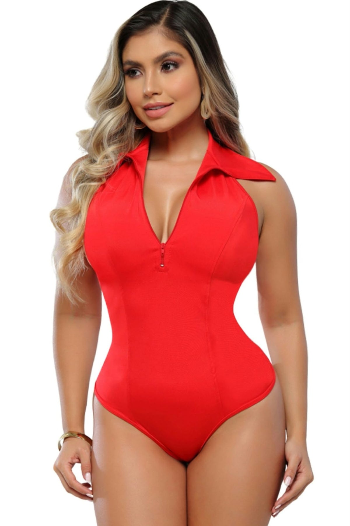 Colombian Red Sleeveless Zip Polo Body Slimmer 9141