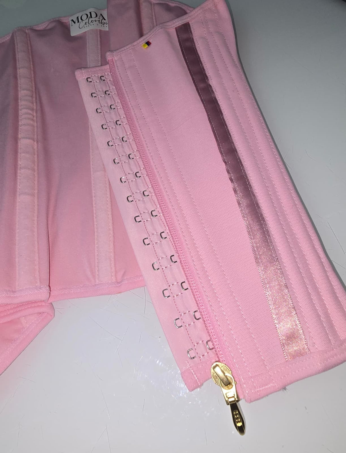 Pink Powernet Waist Trainer Girdle with Zipper & Hidden Hooks 444A