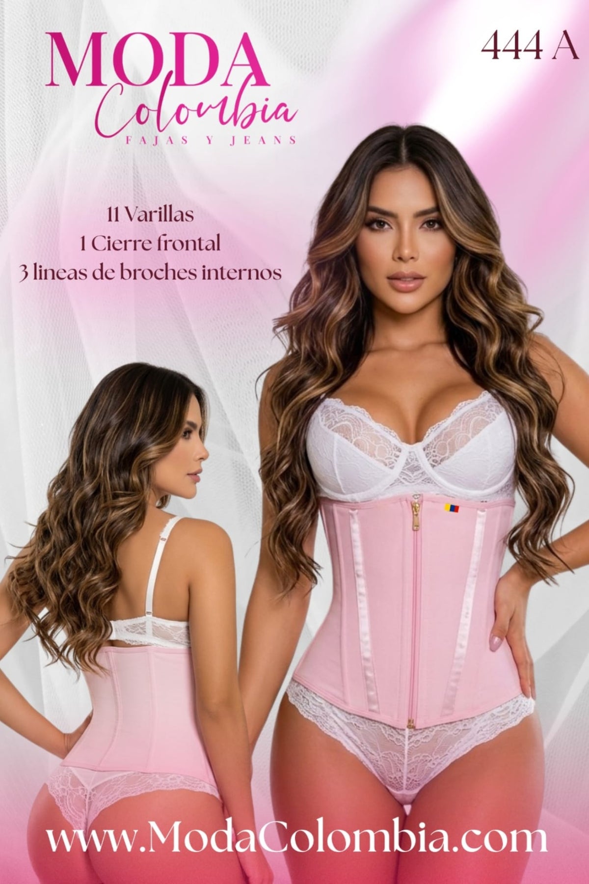 Pink Powernet Waist Trainer Girdle with Zipper & Hidden Hooks 444A